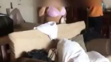 big boob desi wife soniya in bra shorts teasing room service boy