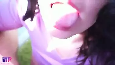 The horny girl gives a blowjob to her BF outdoor