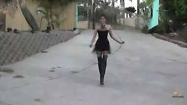 Vintage Car Babe Wearing Sexy Long Leather Boots