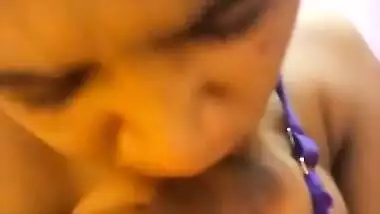 Wife in a blue sex bra takes a XXX Indian tit out and squeezes it