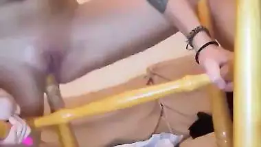Crazy girl uses chair leg as a sex toy to fuck her pussy
